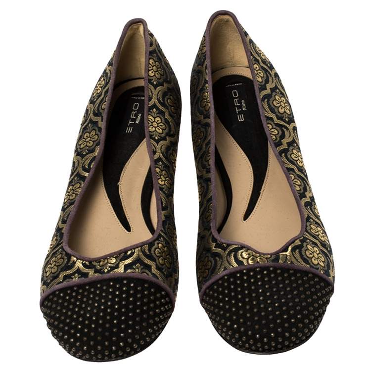Pre Owned Etro Black/Gold Jacquard Fabric Ballet Flats Size 37