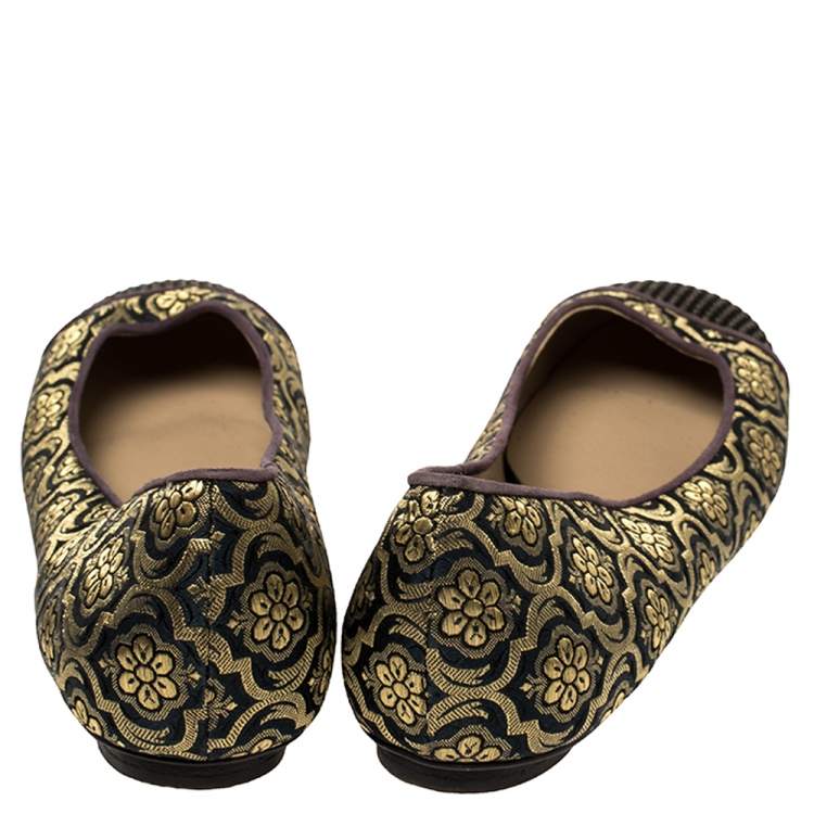 Pre Owned Etro Black/Gold Jacquard Fabric Ballet Flats Size 37