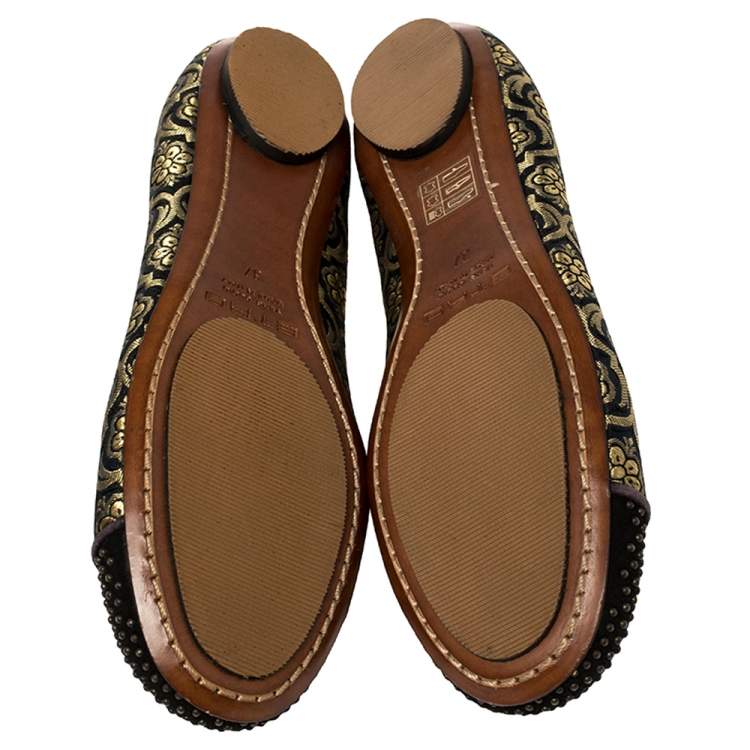 Pre Owned Etro Black/Gold Jacquard Fabric Ballet Flats Size 37