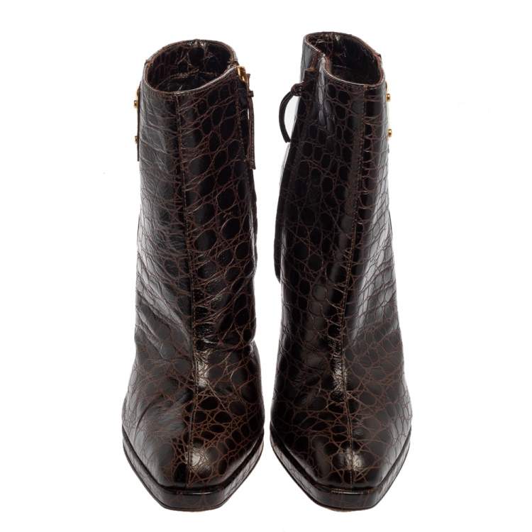 Pre Owned Etro Brown Croc Embossed Leather Ankle Platform Boots Size 40