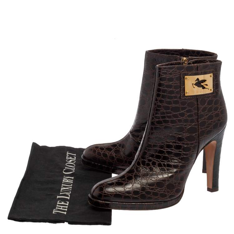 Pre Owned Etro Brown Croc Embossed Leather Ankle Platform Boots Size 40