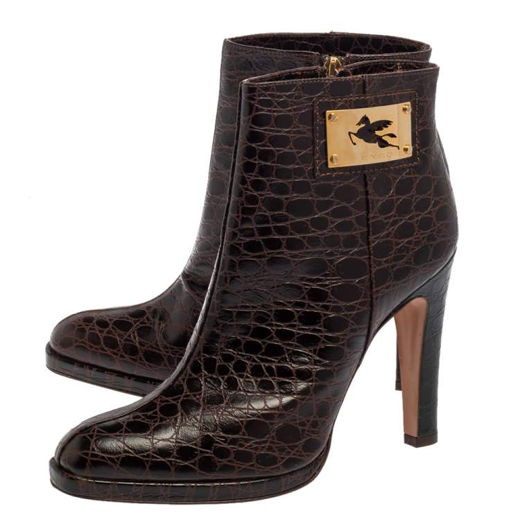 Pre Owned Etro Brown Croc Embossed Leather Ankle Platform Boots Size 40