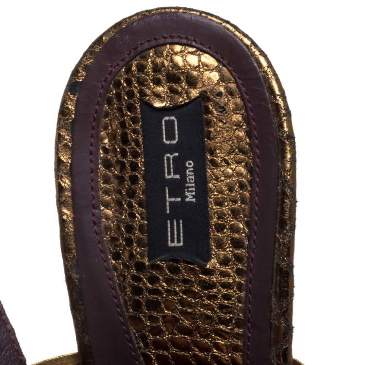 Pre Owned  Etro Gold Python Embossed And Leather Ankle Wrap Sandals  Size 40