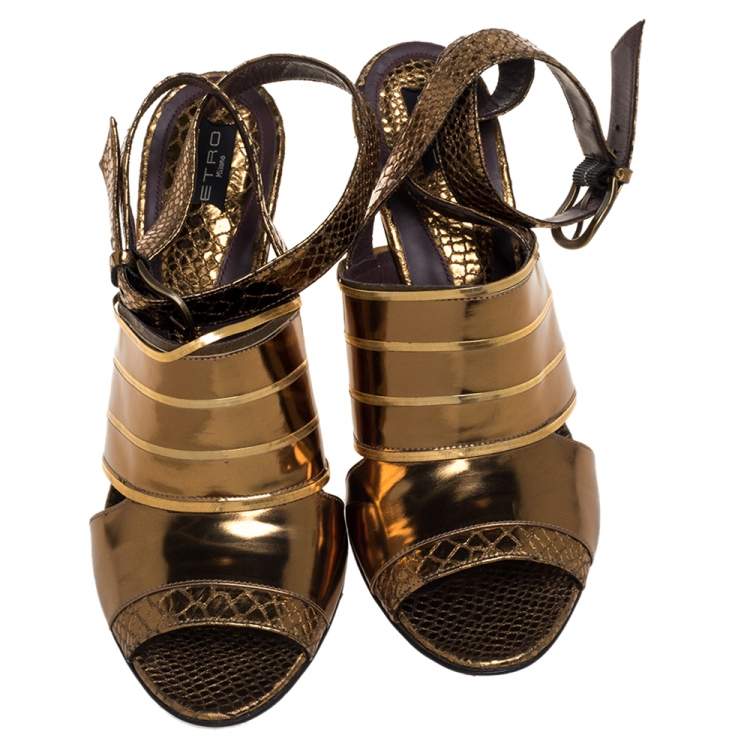 Pre Owned  Etro Gold Python Embossed And Leather Ankle Wrap Sandals  Size 40