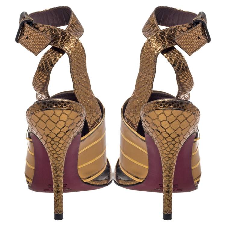 Pre Owned  Etro Gold Python Embossed And Leather Ankle Wrap Sandals  Size 40