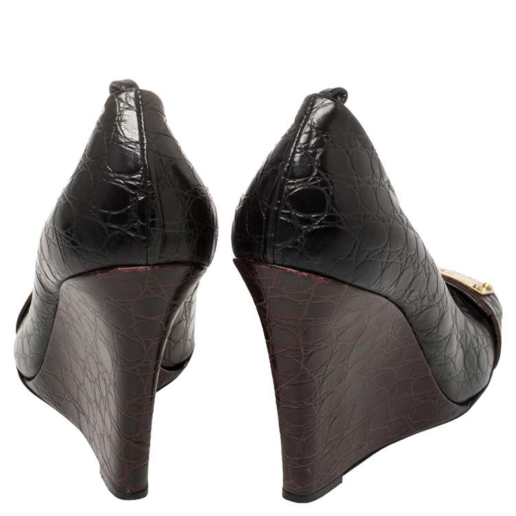 Pre Owned Etro Black/Burgundy Croc Embossed Leather Embellished Open Toe Wedge Pumps Size 40.5