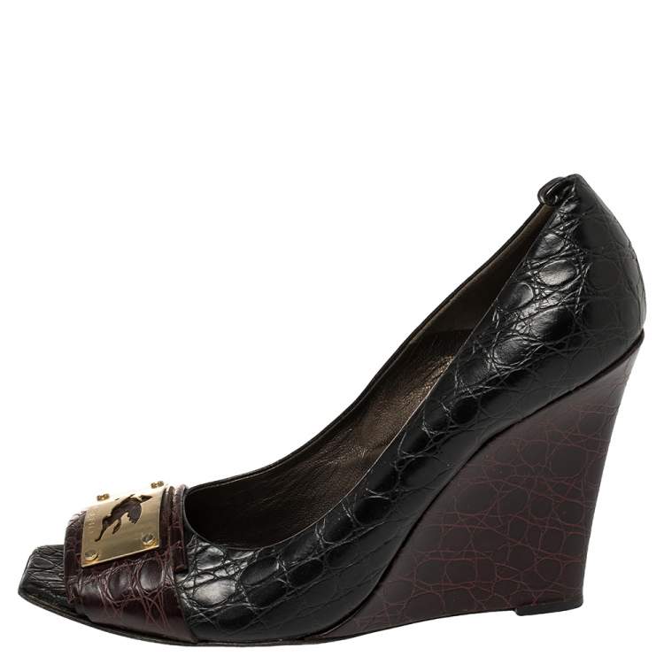 Pre Owned Etro Black/Burgundy Croc Embossed Leather Embellished Open Toe Wedge Pumps Size 40.5