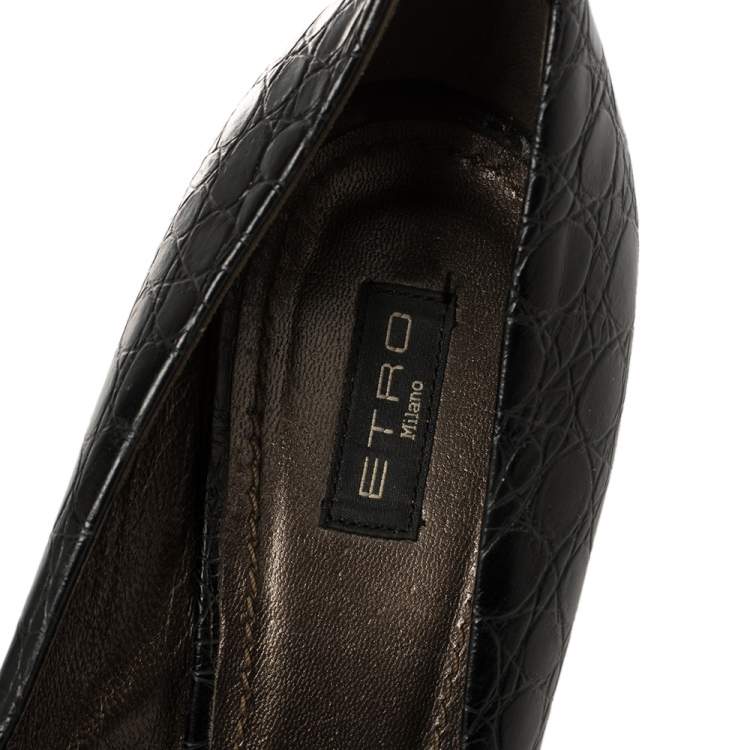Pre Owned Etro Black/Burgundy Croc Embossed Leather Embellished Open Toe Wedge Pumps Size 40.5