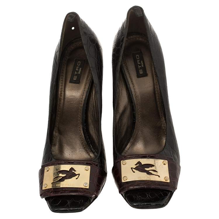 Pre Owned Etro Black/Burgundy Croc Embossed Leather Embellished Open Toe Wedge Pumps Size 40.5