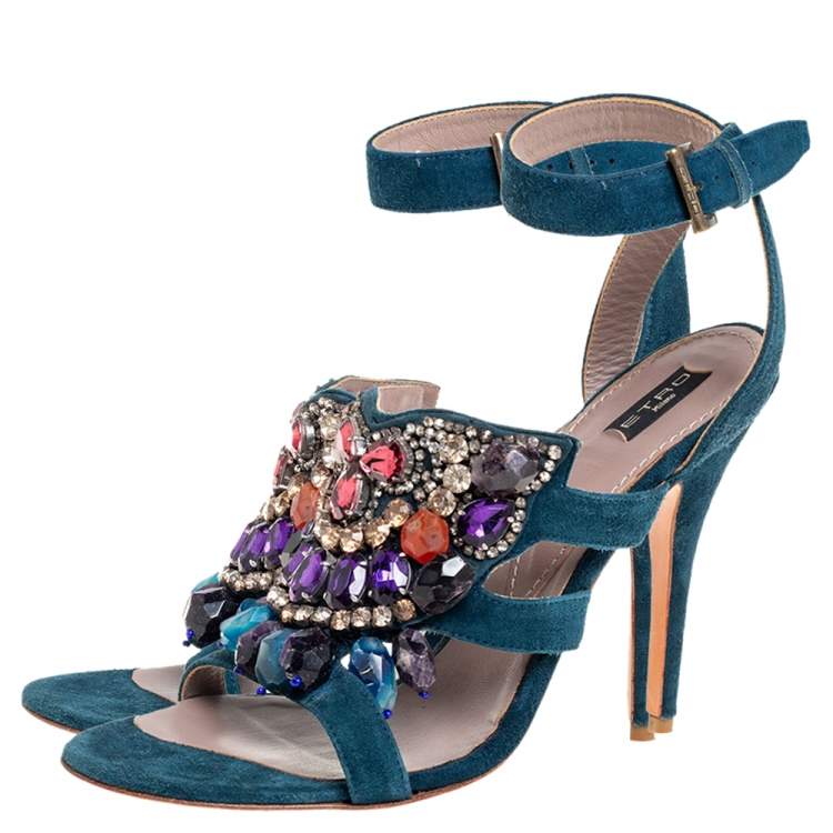 Pre Owned Etro Blue Suede Embellished Open Toe Ankle Strap Sandals Size 41