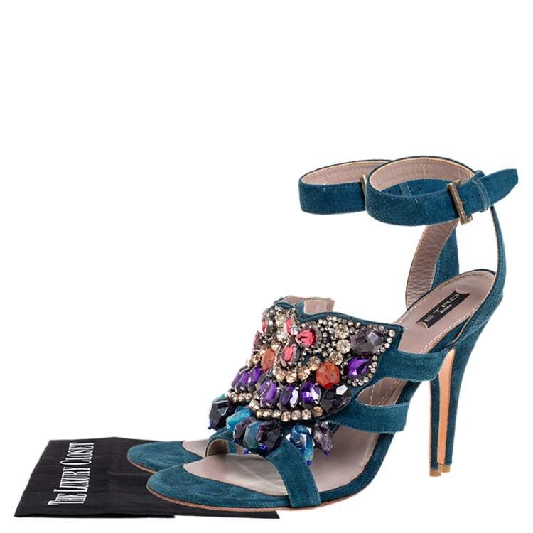 Pre Owned Etro Blue Suede Embellished Open Toe Ankle Strap Sandals Size 41