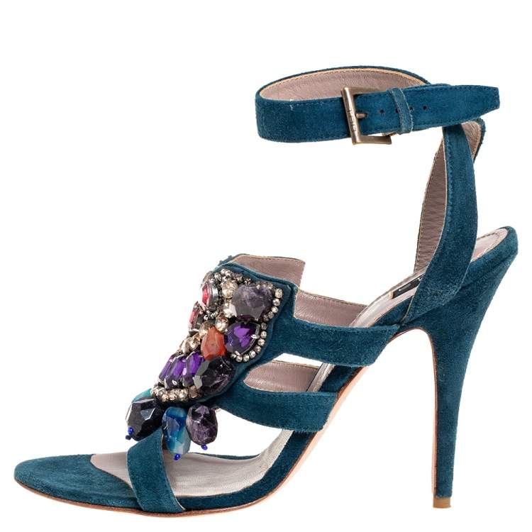 Pre Owned Etro Blue Suede Embellished Open Toe Ankle Strap Sandals Size 41