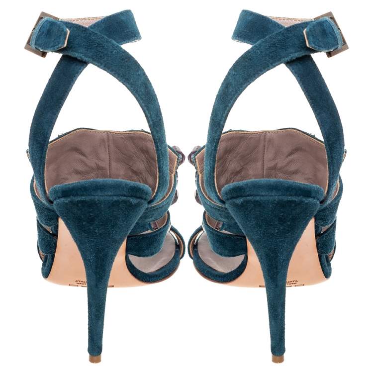 Pre Owned Etro Blue Suede Embellished Open Toe Ankle Strap Sandals Size 41