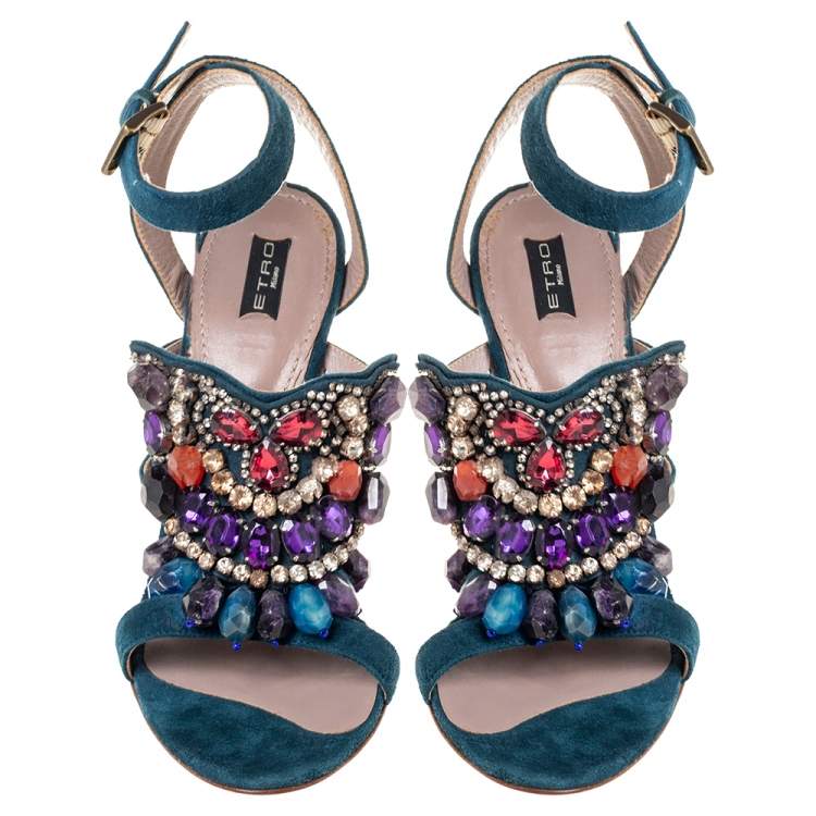 Pre Owned Etro Blue Suede Embellished Open Toe Ankle Strap Sandals Size 41