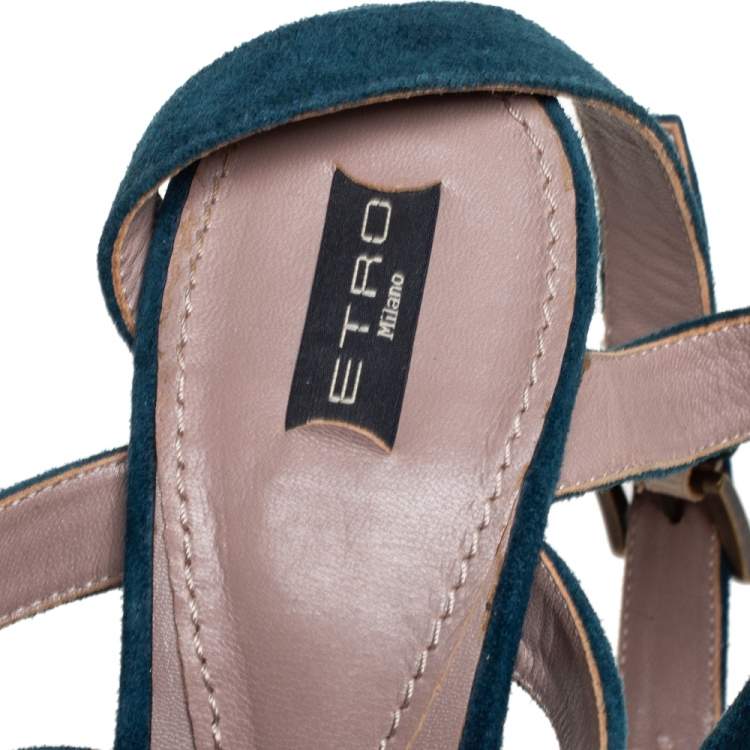 Pre Owned Etro Blue Suede Embellished Open Toe Ankle Strap Sandals Size 41