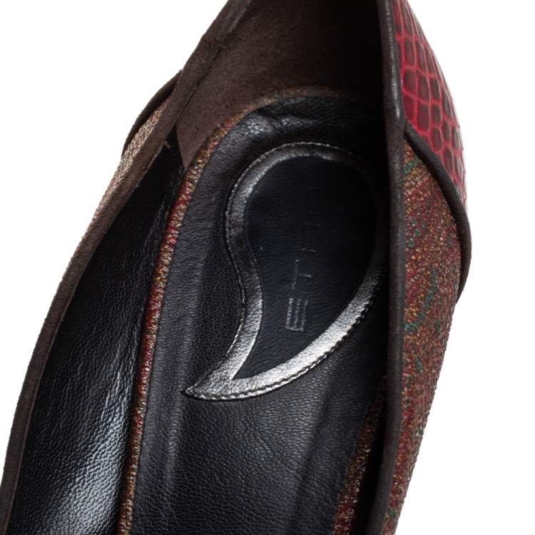 Pre Owned Etro Red/Brown Croc Embossed And Coated Canvas Bow Detail Pumps Size 40