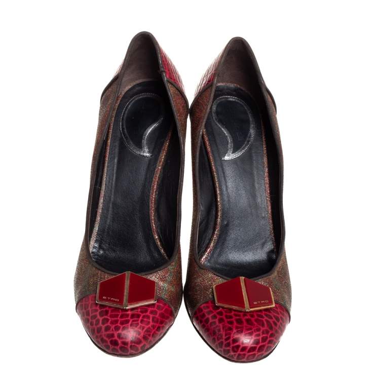 Pre Owned Etro Red/Brown Croc Embossed And Coated Canvas Bow Detail Pumps Size 40