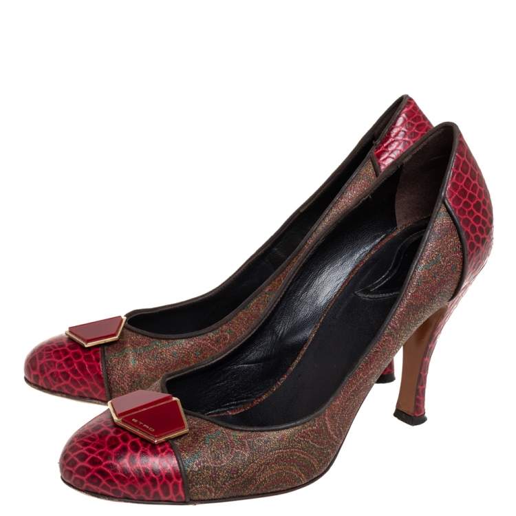 Pre Owned Etro Red/Brown Croc Embossed And Coated Canvas Bow Detail Pumps Size 40