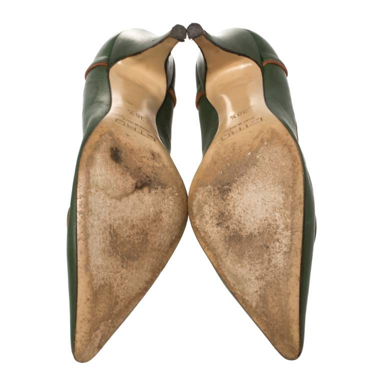 Pre Owned Etro Green Leather Logo Embellished Pointed Toe Pumps Size 38.5