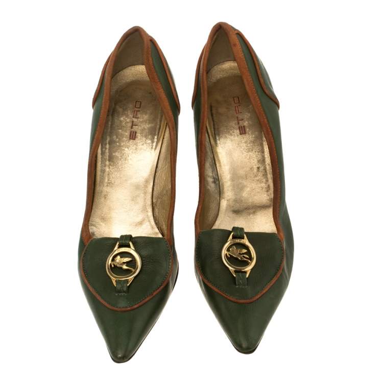 Pre Owned Etro Green Leather Logo Embellished Pointed Toe Pumps Size 38.5