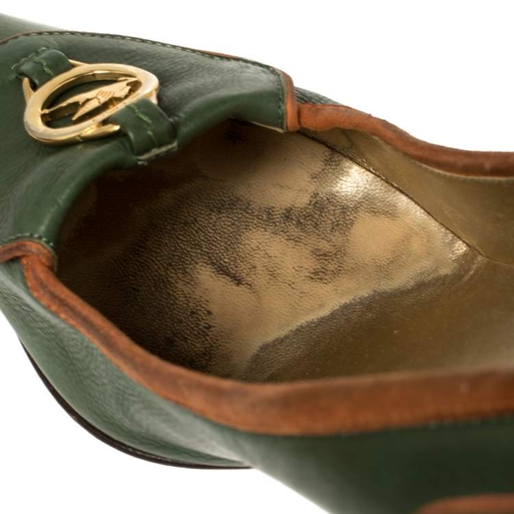 Pre Owned Etro Green Leather Logo Embellished Pointed Toe Pumps Size 38.5