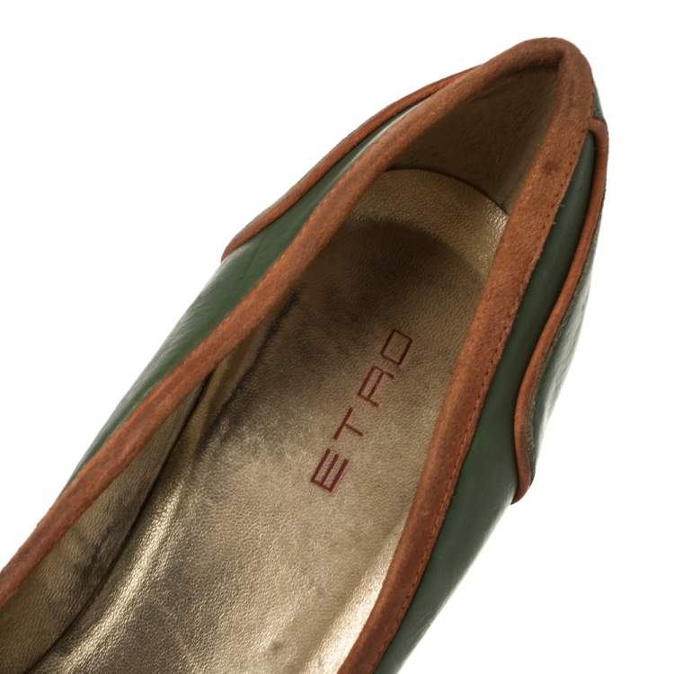 Pre Owned Etro Green Leather Logo Embellished Pointed Toe Pumps Size 38.5