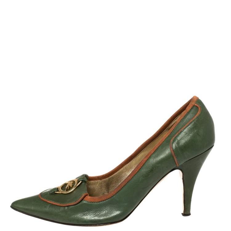 Pre Owned Etro Green Leather Logo Embellished Pointed Toe Pumps Size 38.5