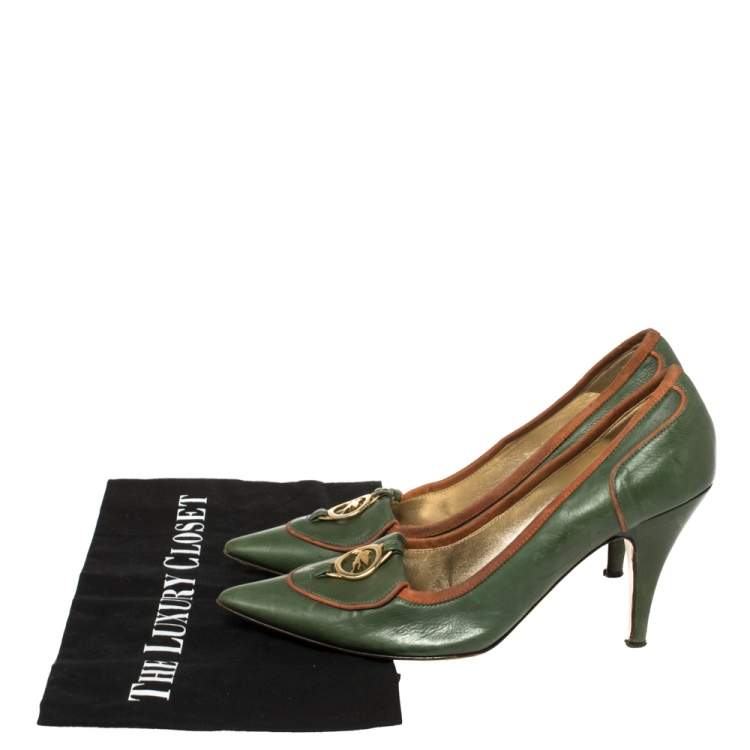 Pre Owned Etro Green Leather Logo Embellished Pointed Toe Pumps Size 38.5