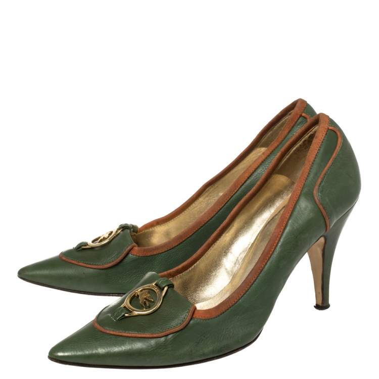 Pre Owned Etro Green Leather Logo Embellished Pointed Toe Pumps Size 38.5