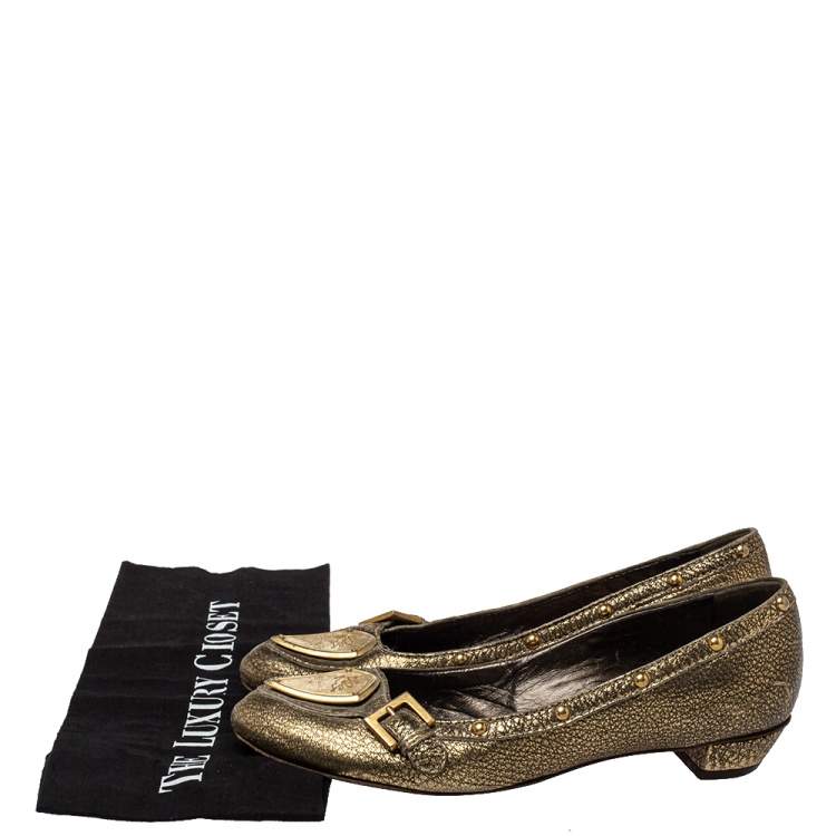 Pre Owned Etro Gold Leather Embellished Studs Ballet Flats Size 38