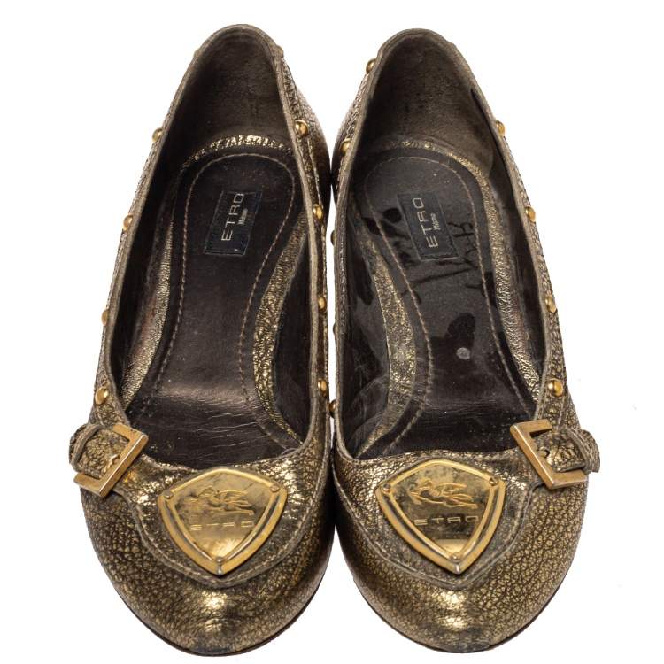 Pre Owned Etro Gold Leather Embellished Studs Ballet Flats Size 38