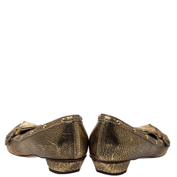 Pre Owned Etro Gold Leather Embellished Studs Ballet Flats Size 38