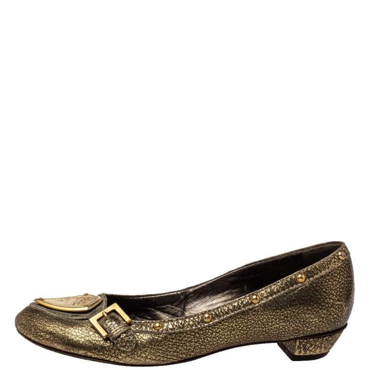 Pre Owned Etro Gold Leather Embellished Studs Ballet Flats Size 38