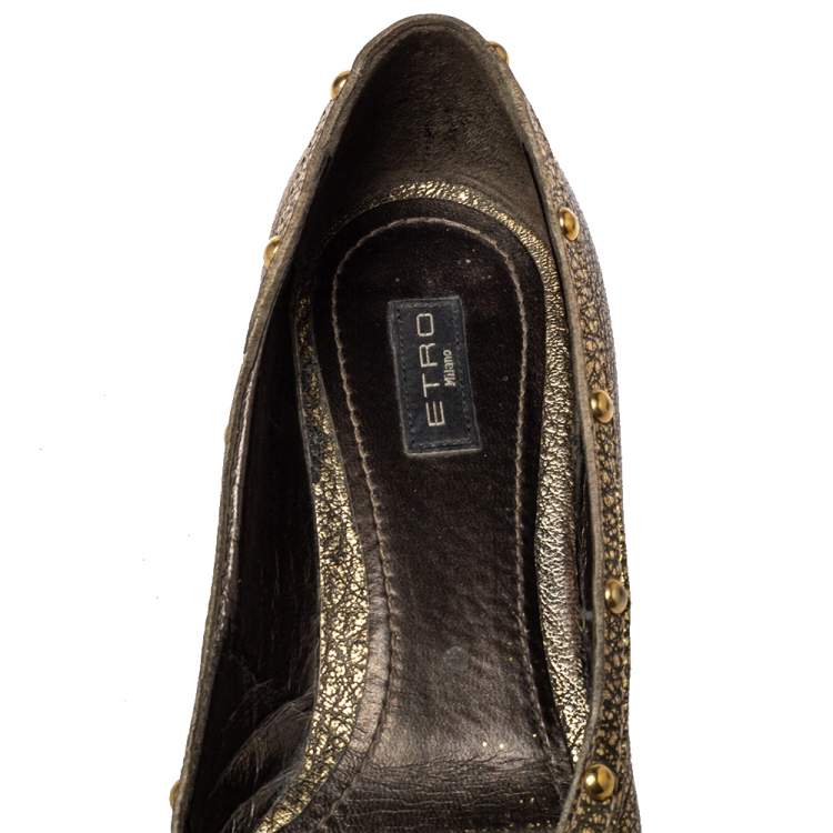 Pre Owned Etro Gold Leather Embellished Studs Ballet Flats Size 38