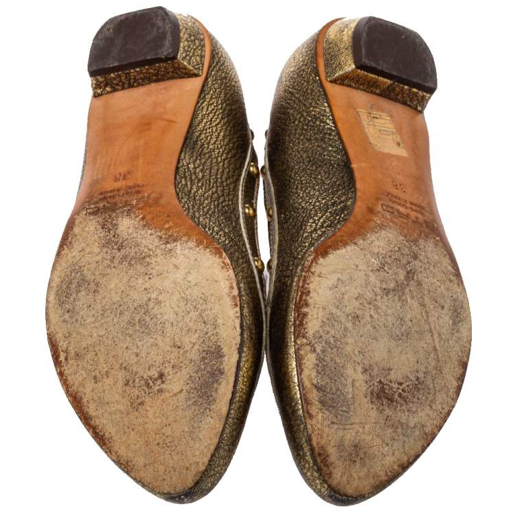 Pre Owned Etro Gold Leather Embellished Studs Ballet Flats Size 38