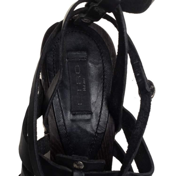 Pre Owned Etro Black Leather Strappy Platform Ankle Strap Sandals Size 39
