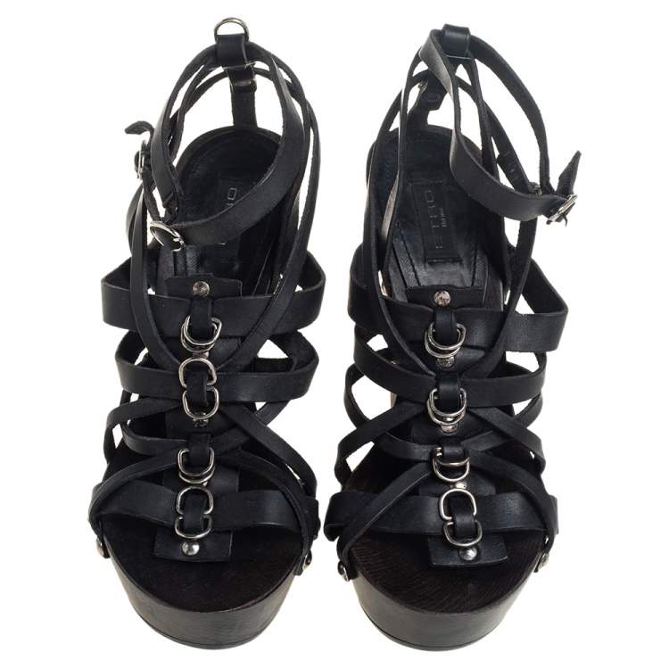 Pre Owned Etro Black Leather Strappy Platform Ankle Strap Sandals Size 39