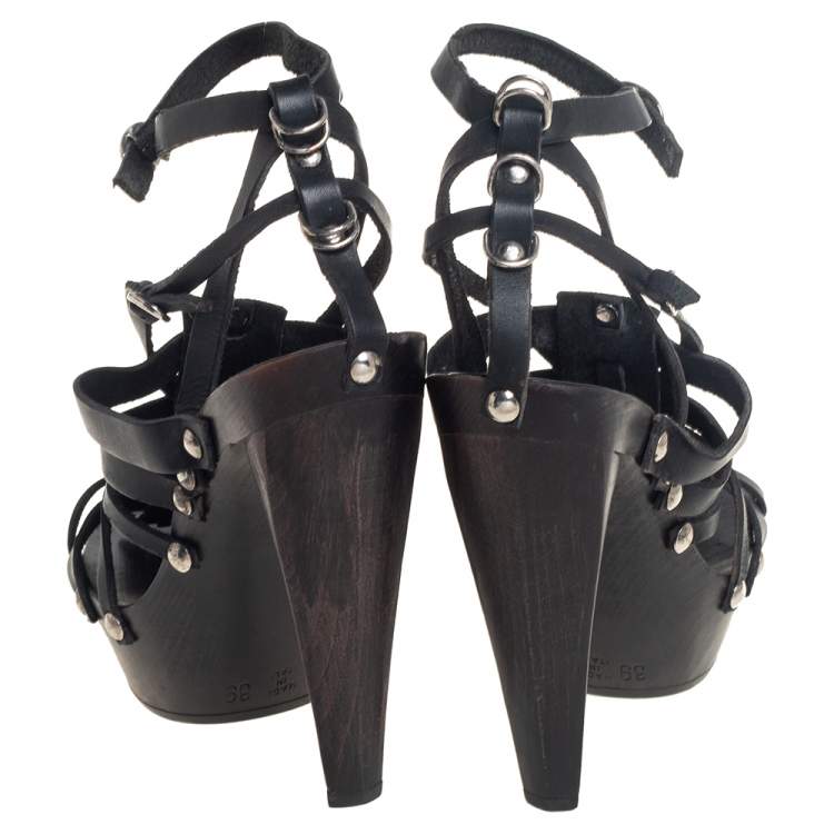 Pre Owned Etro Black Leather Strappy Platform Ankle Strap Sandals Size 39