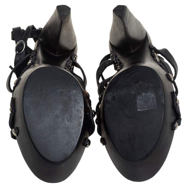 Pre Owned Etro Black Leather Strappy Platform Ankle Strap Sandals Size 39