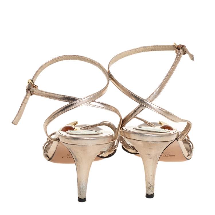 Pre Owned Etro Gold Leather Ankle Strap Sandals Size 41