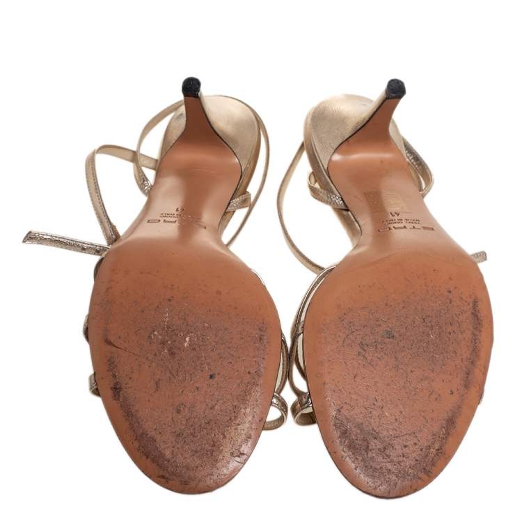Pre Owned Etro Gold Leather Ankle Strap Sandals Size 41
