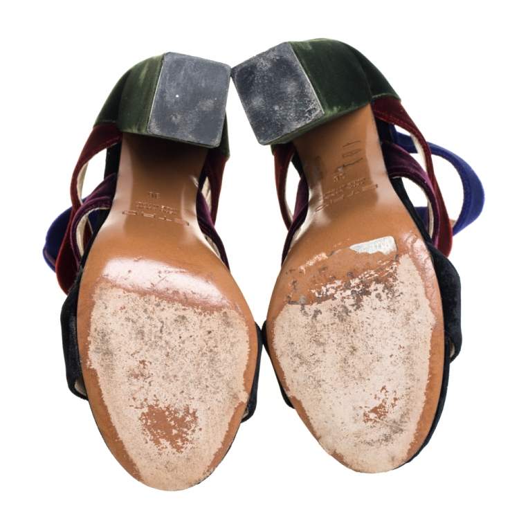 Pre Owned Etro Multicolor Velvet Caged T-Strap Sandals Size 36 