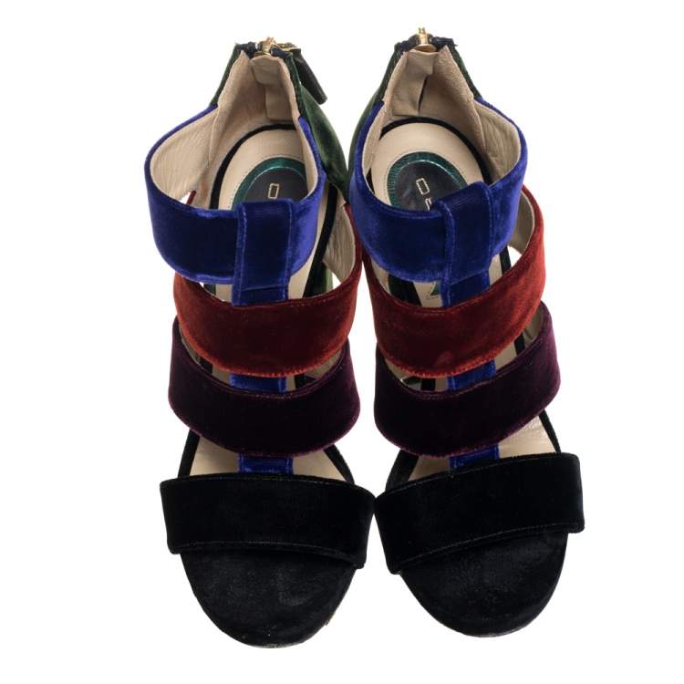 Pre Owned Etro Multicolor Velvet Caged T-Strap Sandals Size 36 