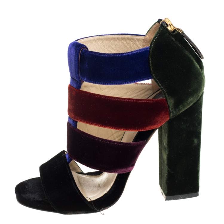 Pre Owned Etro Multicolor Velvet Caged T-Strap Sandals Size 36 