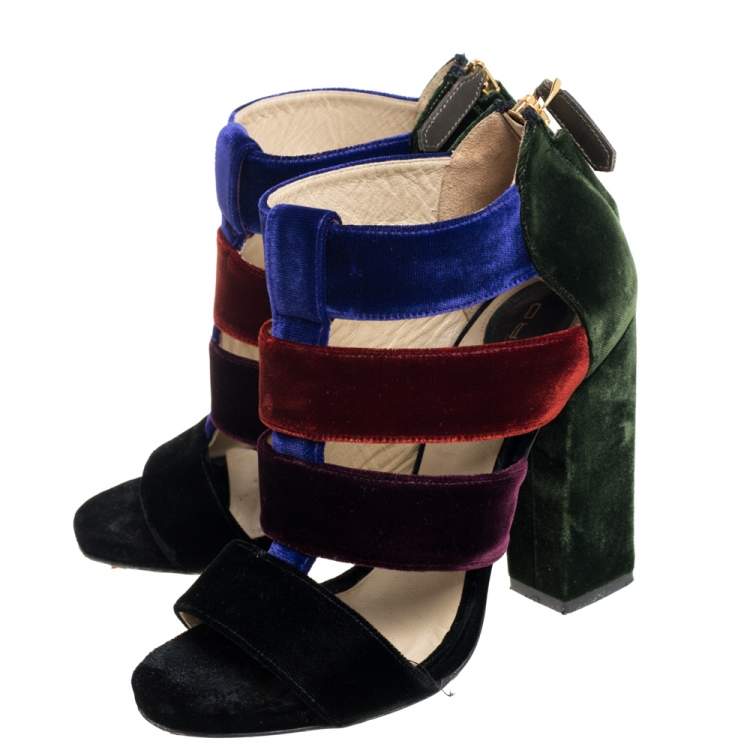 Pre Owned Etro Multicolor Velvet Caged T-Strap Sandals Size 36 