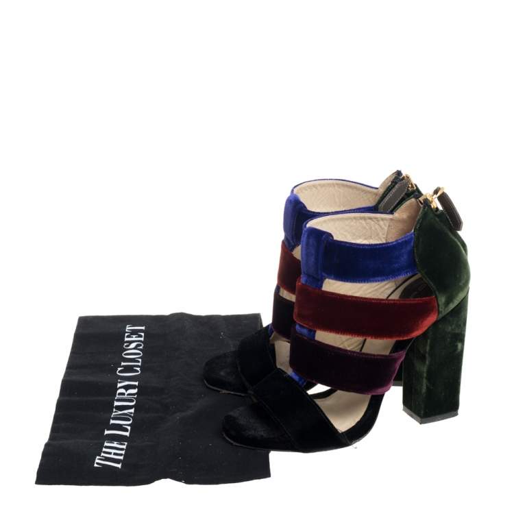 Pre Owned Etro Multicolor Velvet Caged T-Strap Sandals Size 36 