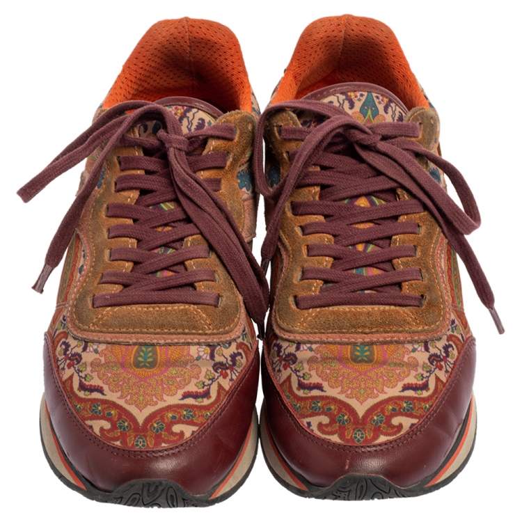 Pre Owned Etro Multicolor Paisley Fabric And Suede Lace Up Sneakers Size 37