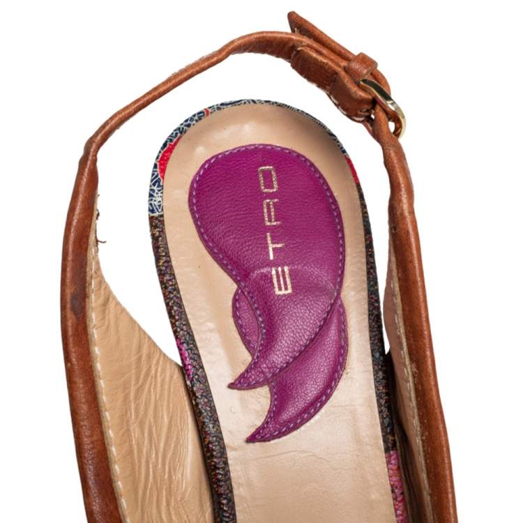 Pre Owned Etro Brown Paisley Print Coated Canvas and Leather Trim Slingback Pumps Size 37