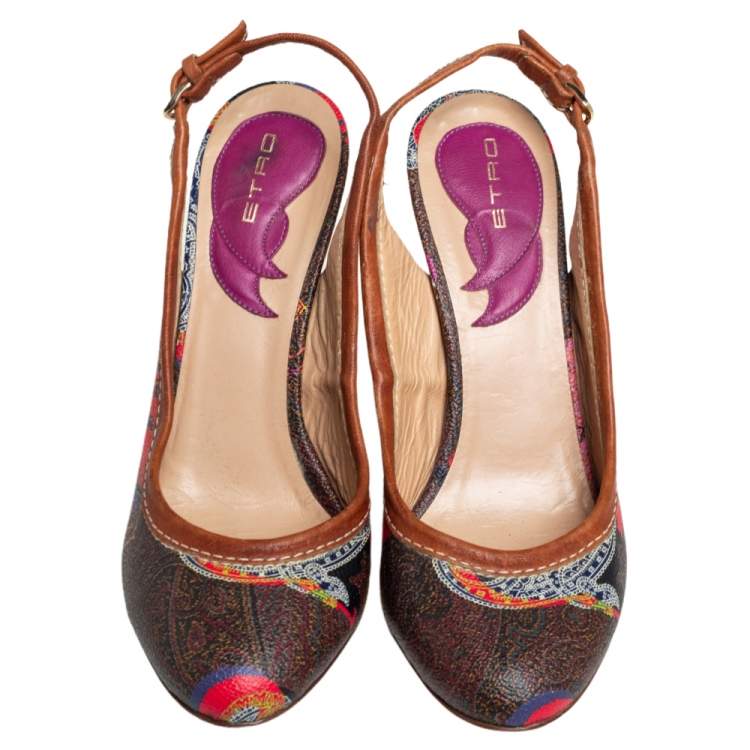 Pre Owned Etro Brown Paisley Print Coated Canvas and Leather Trim Slingback Pumps Size 37