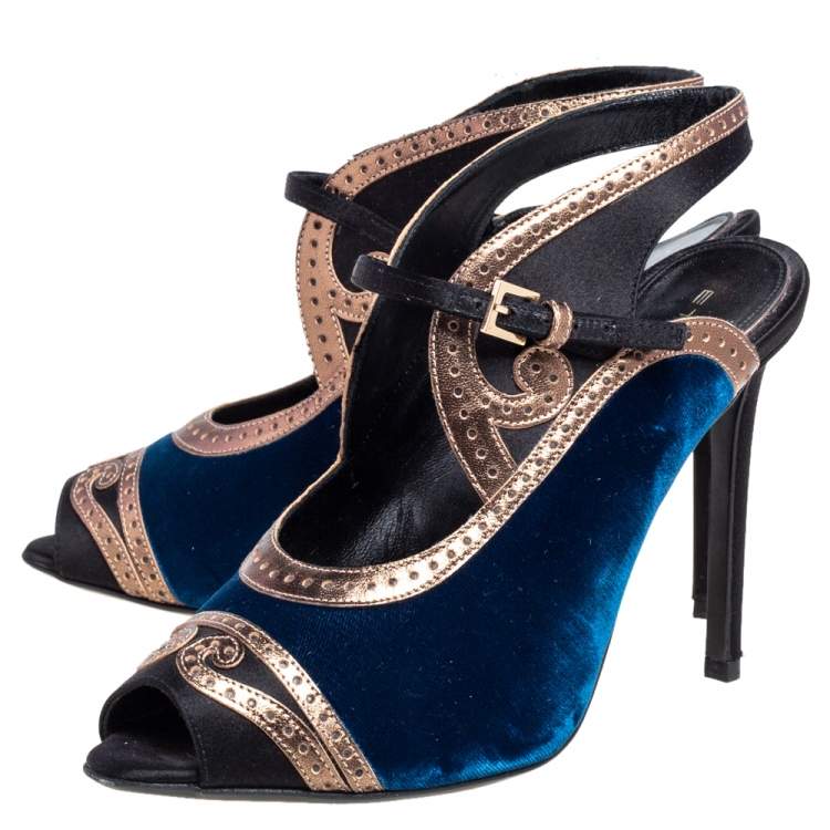 Pre Owned Etro Tri Color Velvet, Satin and Leather Peep Toe Sandals Size 38
